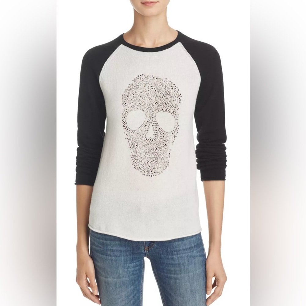 Aqua 100% Cashmere Embellished Skull Cashmere Baseball Style Sweater Large NWT